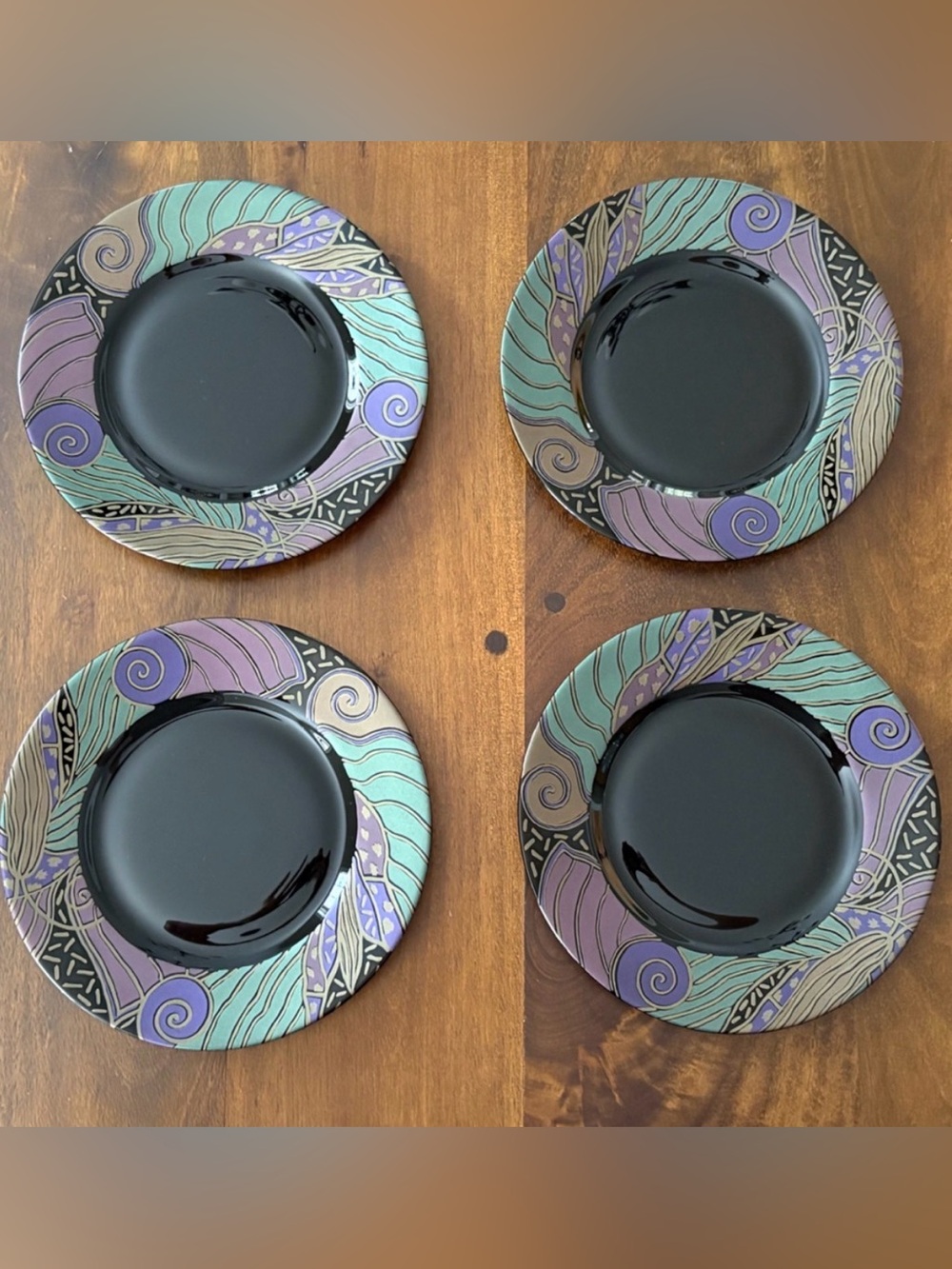 Set of 4 VTG Arcoroc “Tampico” Black Salad Plates Abstract Purple Teal Rim